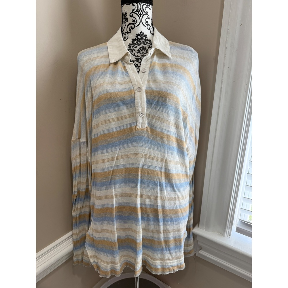 BDG Urban Outfitters Striped Rugby Polo Shirt Blue Tan Cotton OB1631198